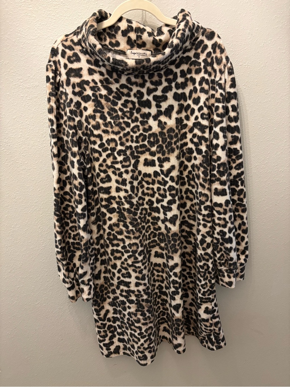 Leopard Print Cowl Neck Sweater Dress - Cream/Black/Brown